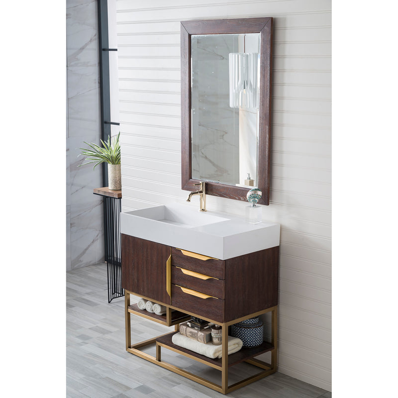 James Martin Columbia 36" Single Vanity Coffee Oak Radiant Gold with Glossy White Composite Top 388-V36-CFO-RG-GW