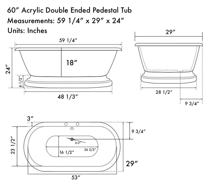 Cambridge Plumbing Acrylic Double Ended Pedestal Bathtub 60" x 30" 7" Drillings CR Package