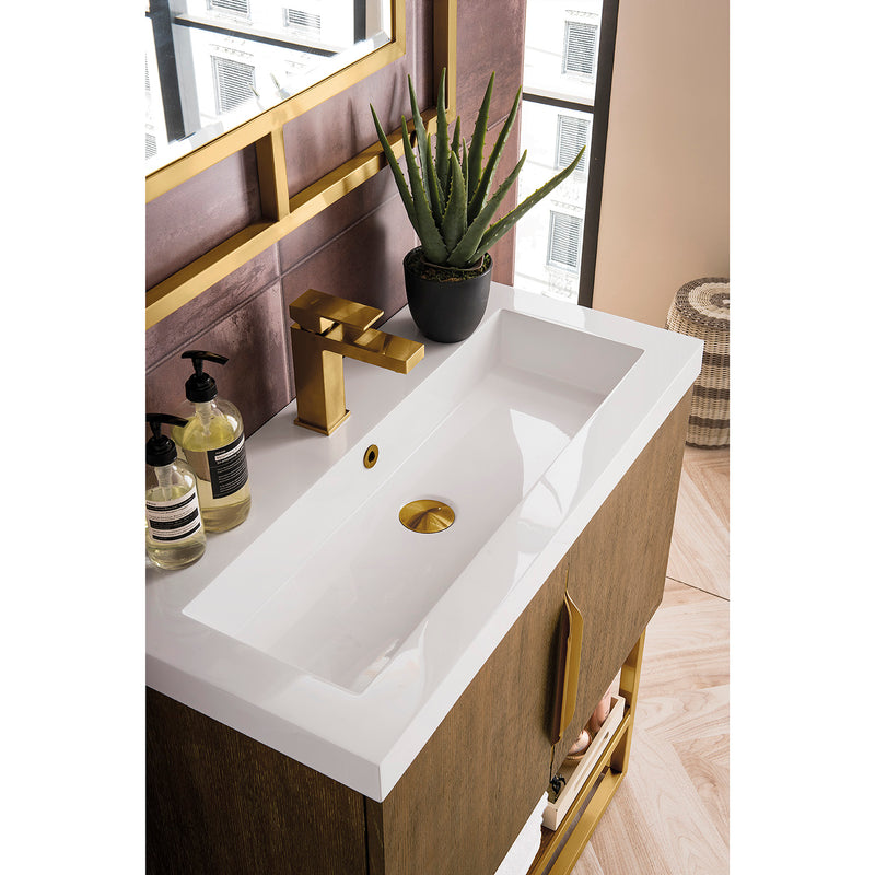 James Martin Columbia 31.5" Single Vanity Cabinet Latte Oak Radiant Gold with White Glossy Composite Countertop 388V31.5LTORGDWG