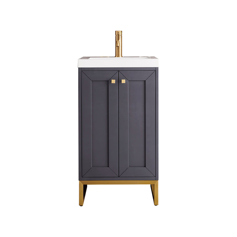 James Martin Chianti 20" Single Vanity Cabinet Mineral Grey Radiant Gold with White Glossy Composite Countertop E303V20MGRGDWG