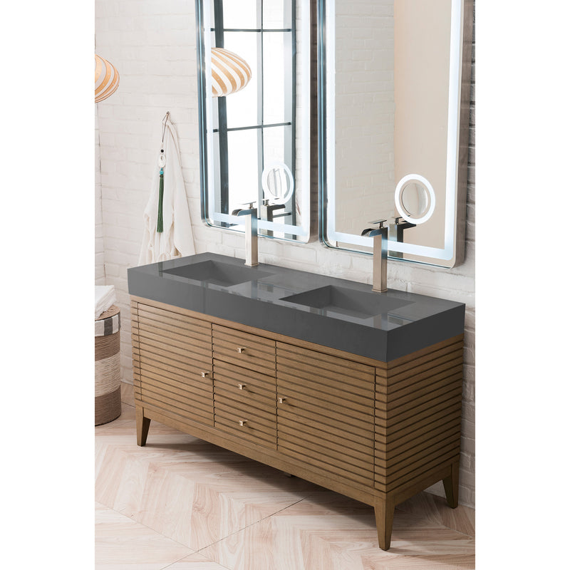 James Martin Linear 59" Double Vanity Whitewashed Walnut with Dusk Gray Glossy Composite Top 210-V59D-WW-DGG