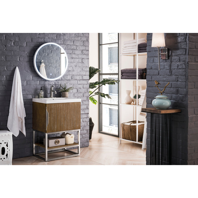 James Martin Columbia 24" Single Vanity Cabinet Latte Oak Brushed Nickel with White Glossy Resin Countertop 388-V24-LTO-BNK-WG