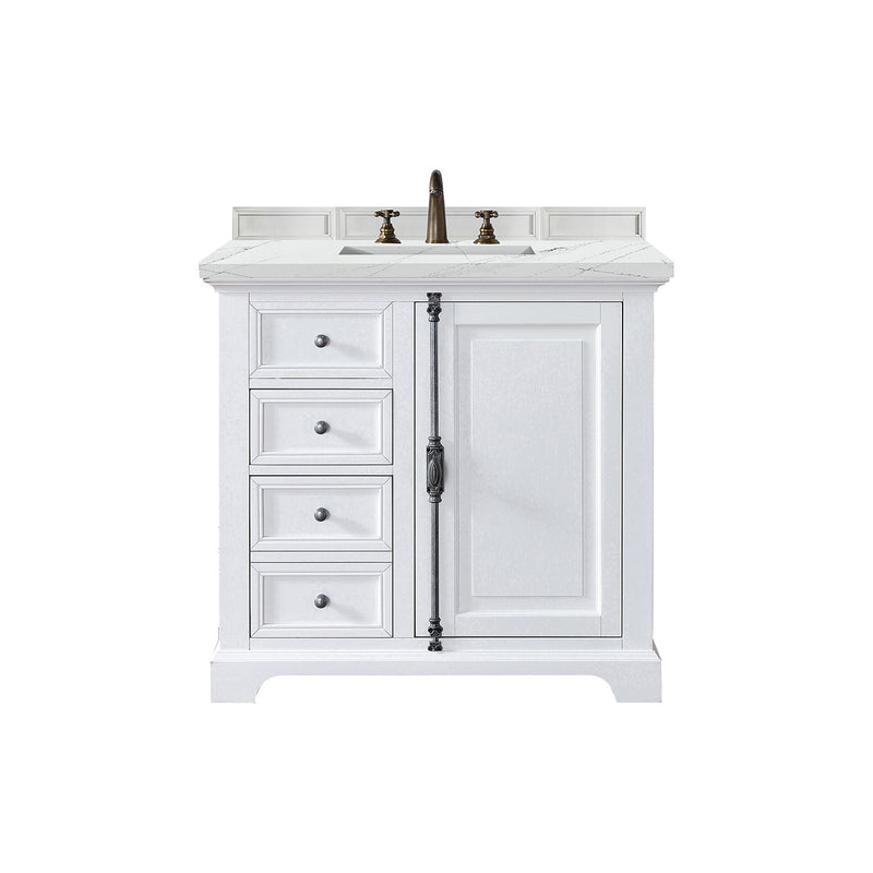 James Martin Providence 36" Single Vanity Cabinet Bright White with 3 cm Ethereal Noctis Quartz Top 238-105-V36-BW-3ENC