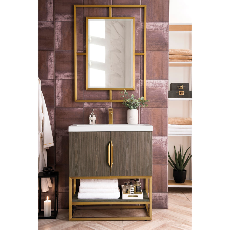 James Martin Columbia 31.5" Single Vanity Cabinet Ash Gray Radiant Gold with White Glossy Resin Countertop 388-V31.5-AGR-RGD-WG