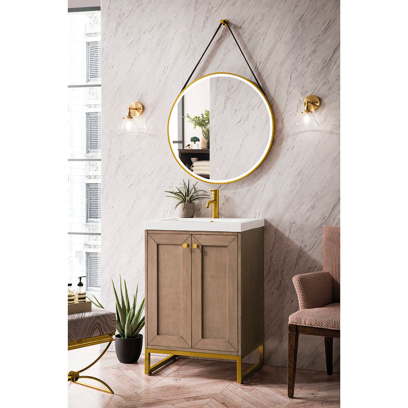 James Martin Chianti 24" Single Vanity Cabinet Whitewashed Walnut Radiant Gold with White Glossy Composite Countertop E303V24WWRGDWG