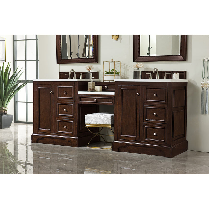 James Martin De Soto 82" Double Vanity Set Burnished Mahogany with Makeup Table 3 cm Arctic Fall Solid Surface Top 825-V82-BNM-DU-AF