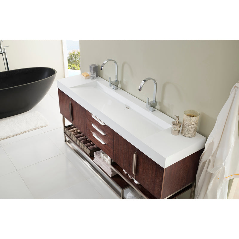 James Martin Columbia 72" Double Vanity Coffee Oak with Glossy White Composite Top 388-V72D-CFO-BN-GW