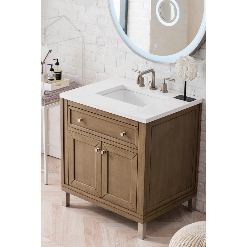 James Martin Chicago 30" Single Vanity Whitewashed Walnut with 3 cm Classic White Quartz Top 305-V30-WWW-3CLW