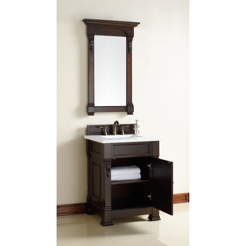 James Martin Brookfield 26" Burnished Mahogany Single Vanity with 3 cm Classic White Quartz Top 147-114-V26-BNM-3CLW