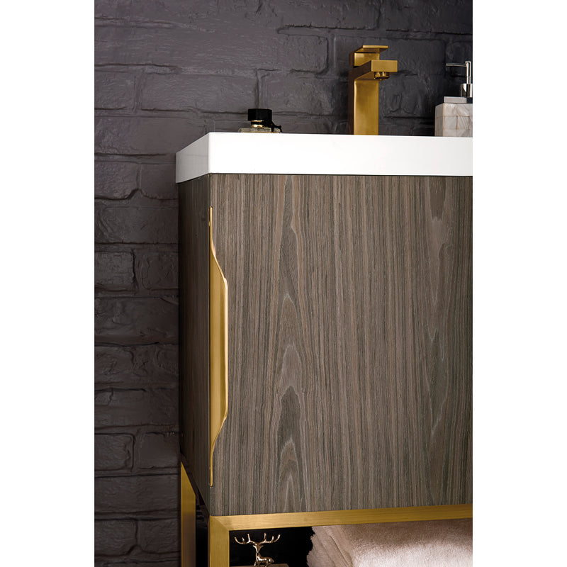 James Martin Columbia 24" Single Vanity Cabinet Ash Gray Radiant Gold with White Glossy Resin Countertop 388-V24-AGR-RGD-WG