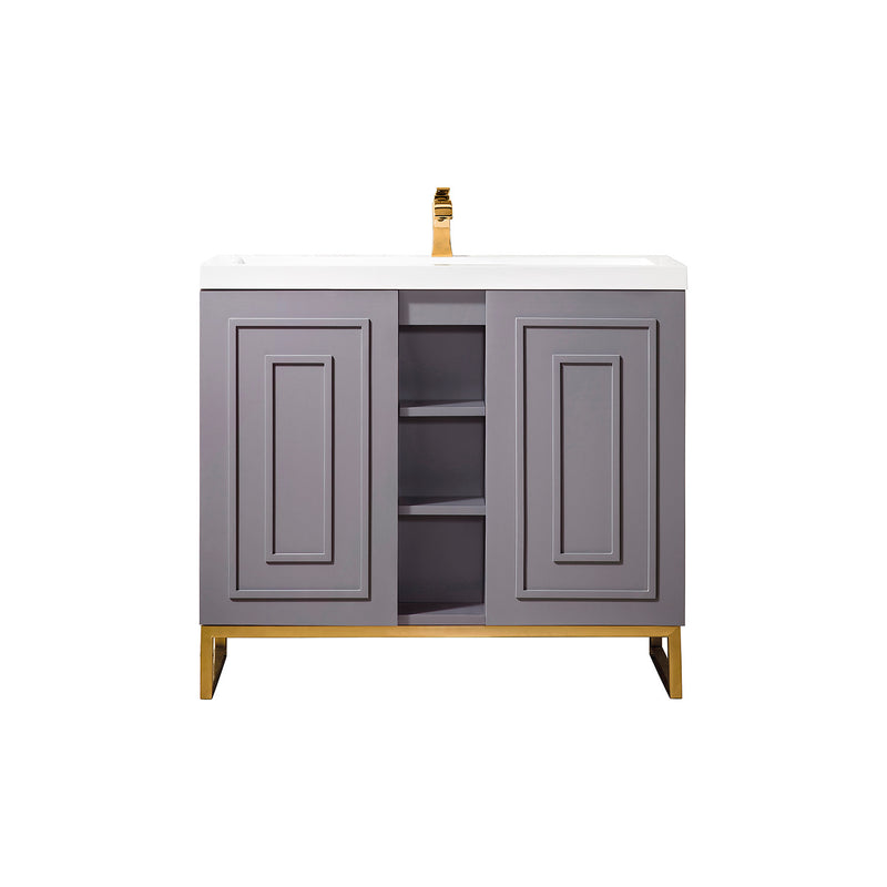 James Martin Alicante' 39.5" Single Vanity Cabinet Gray Smoke Radiant Gold with White Glossy Composite Countertop E110V39.5GSMRGDWG