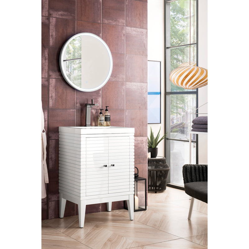 James Martin Linden 24" Single Vanity Cabinet Glossy White with White Glossy Resin Countertop E213-V24-GW-WG