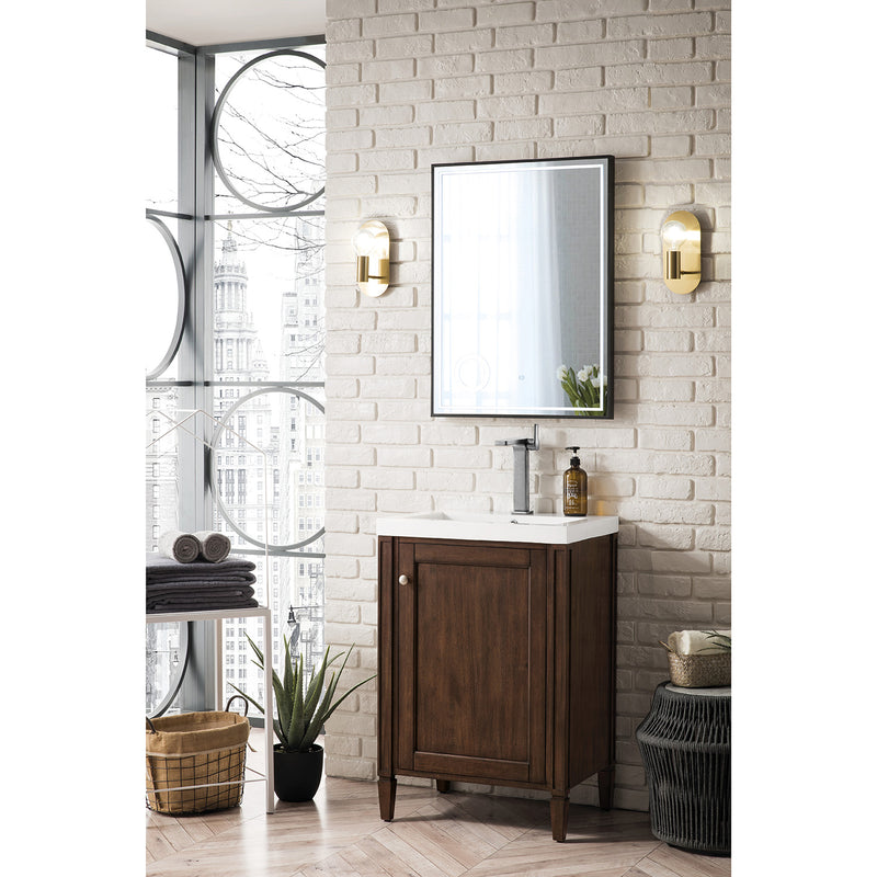 James Martin Britannia 24" Single Vanity Cabinet Mid Century Acacia with White Glossy Composite Countertop E652V24MCAWG