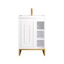 James Martin Alicante' 24" Single Vanity Cabinet Glossy White Radiant Gold with White Glossy Resin Countertop E110-V24-GW-RGD-WG