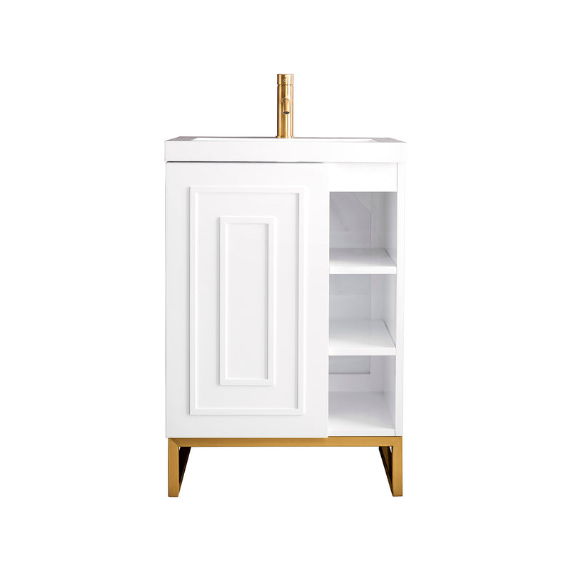 James Martin Alicante' 24" Single Vanity Cabinet Glossy White Radiant Gold with White Glossy Composite Countertop E110V24GWRGDWG