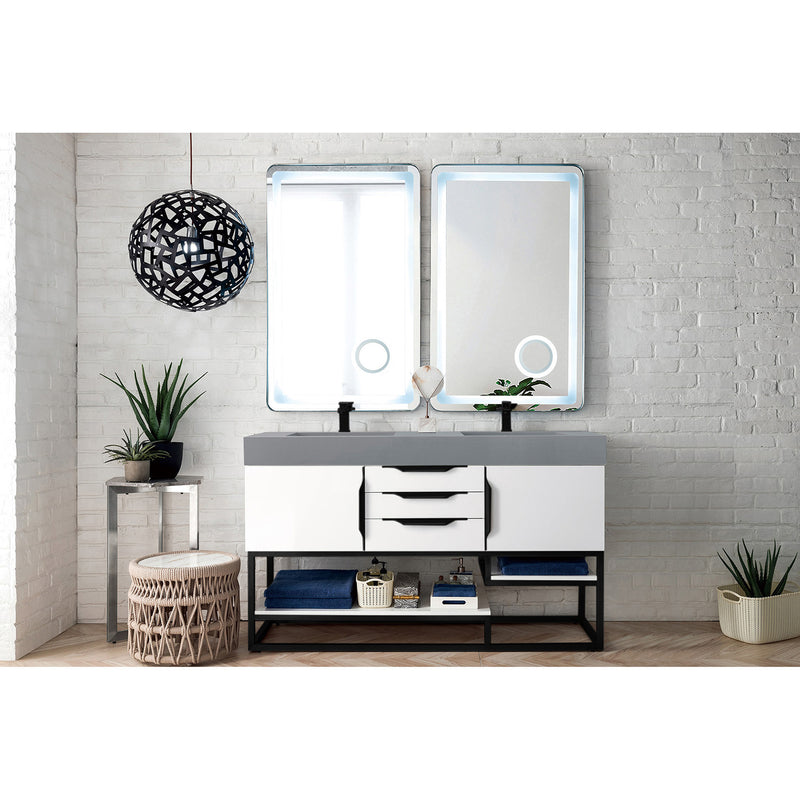 James Martin Columbia 59" Double Vanity Glossy White Matte Black with Dusk Gray Glossy Composite Top 388-V59D-GW-MB-DGG