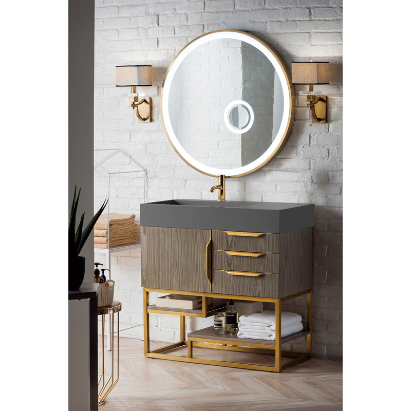 James Martin Columbia 36" Single Vanity Ash Gray Radiant Gold with Dusk Gray Glossy Composite Top 388-V36-AGR-RG-DGG