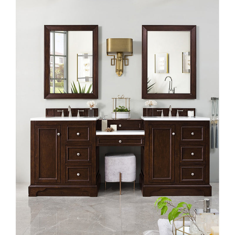 James Martin De Soto 82" Double Vanity Set Burnished Mahogany with Makeup Table 3 cm Classic White Quartz Top 825-V82-BNM-DU-CLW