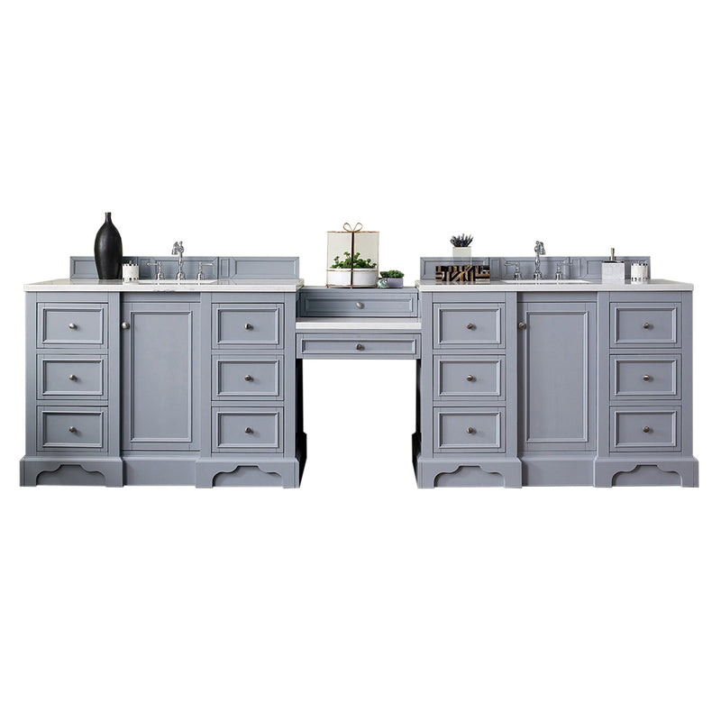 James Martin De Soto 118" Double Vanity Set Silver Gray with Makeup Table 3 cm Arctic Fall Solid Surface Top 825-V118-SL-DU-AF