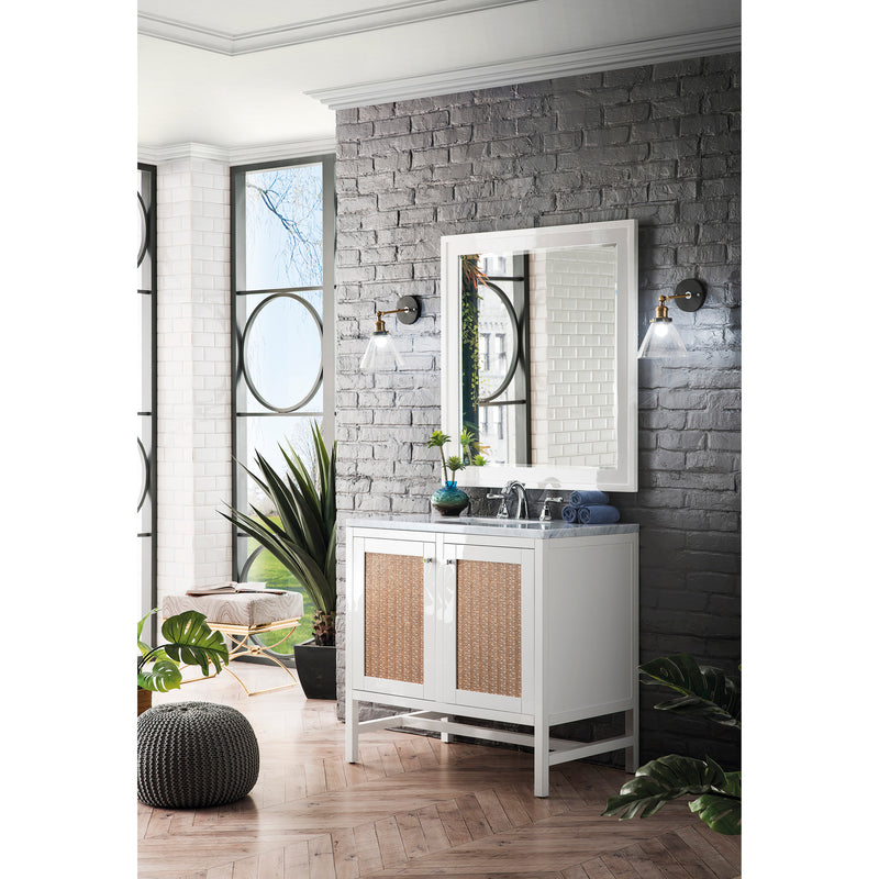 James Martin Addison 36" Single Vanity Cabinet with Doors Glossy White with 3 cm Arctic Fall Solid Surface Countertop E445-V36-GW-3AF