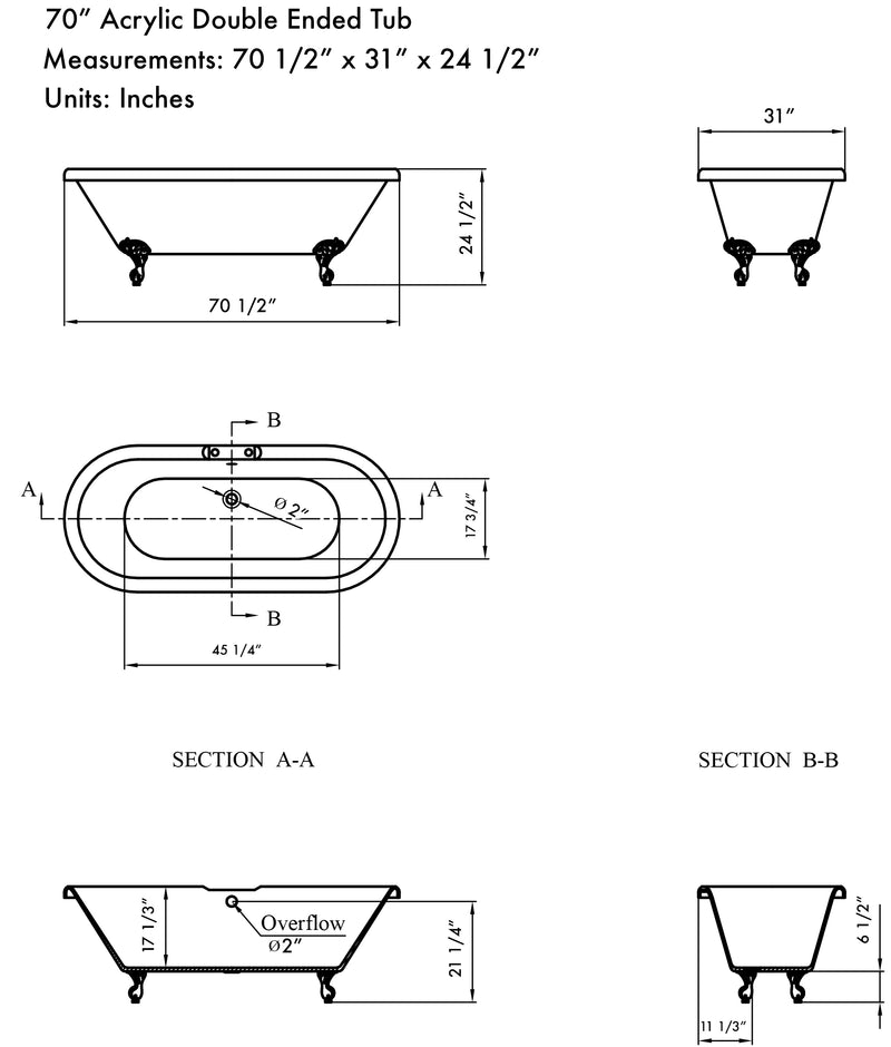 Cambridge Plumbing Acrylic Double Ended Clawfoot Bathtub 70" x 30" 7" Drillings PC Feet