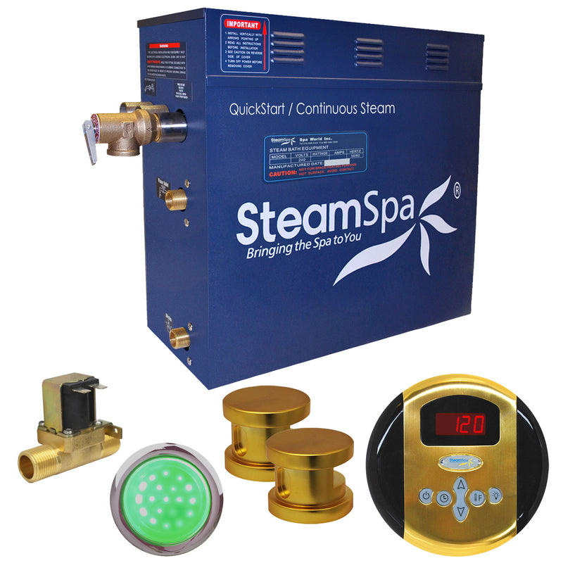 SteamSpa Indulgence 12 KW QuickStart Acu-Steam Bath Generator Package with Built-in Auto Drain in Polished Gold