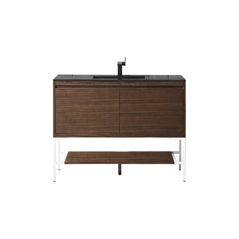 James Martin Milan 47.3" Single Vanity Cabinet Mid Century Walnut Glossy White with Charcoal Black Composite Top 801V47.3WLTGWCHB