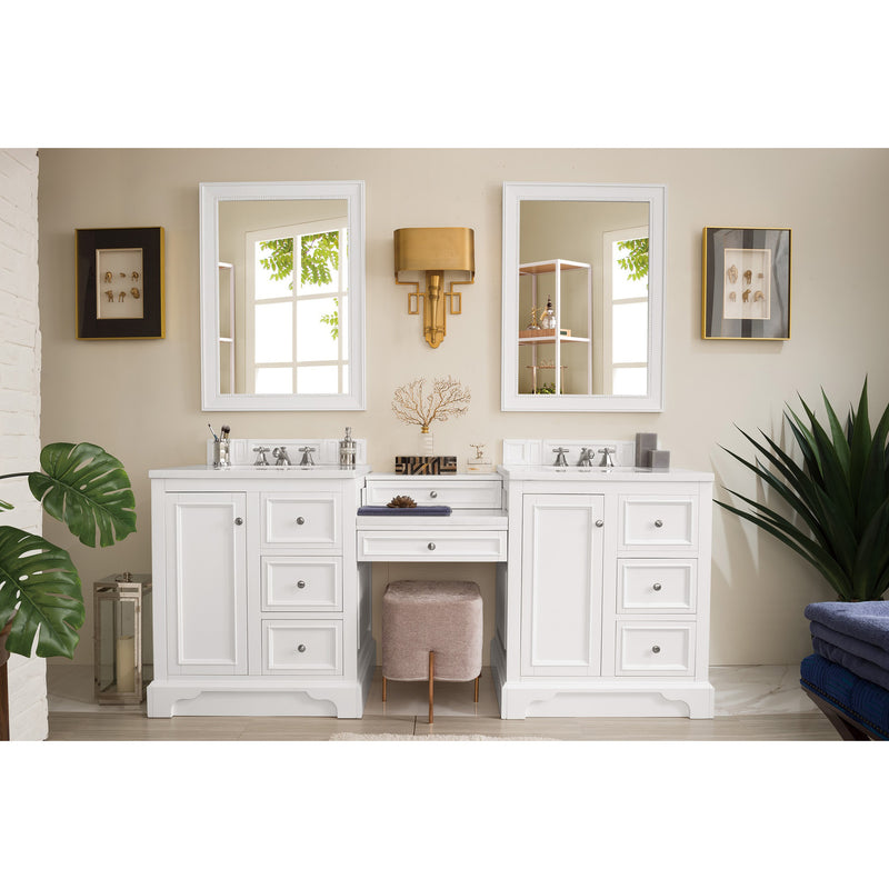 James Martin De Soto 82" Double Vanity Set Bright White with Makeup Table 3 cm Classic White Quartz Top 825-V82-BW-DU-CLW