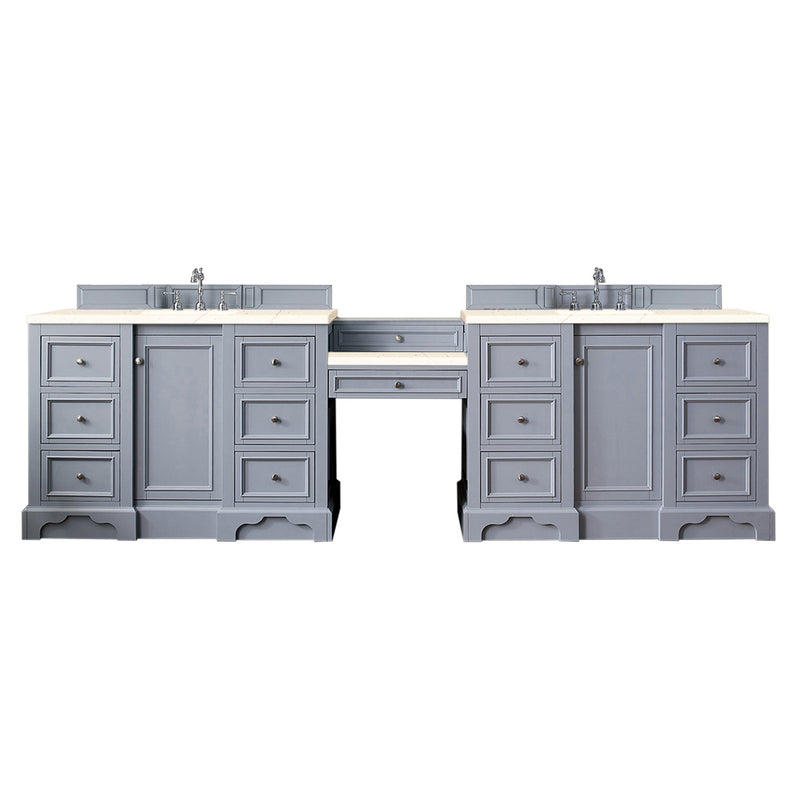 James Martin De Soto 118" Double Vanity Set Silver Gray with Makeup Table 3 cm Eternal Marfil Quartz Top 825-V118-SL-DU-EMR