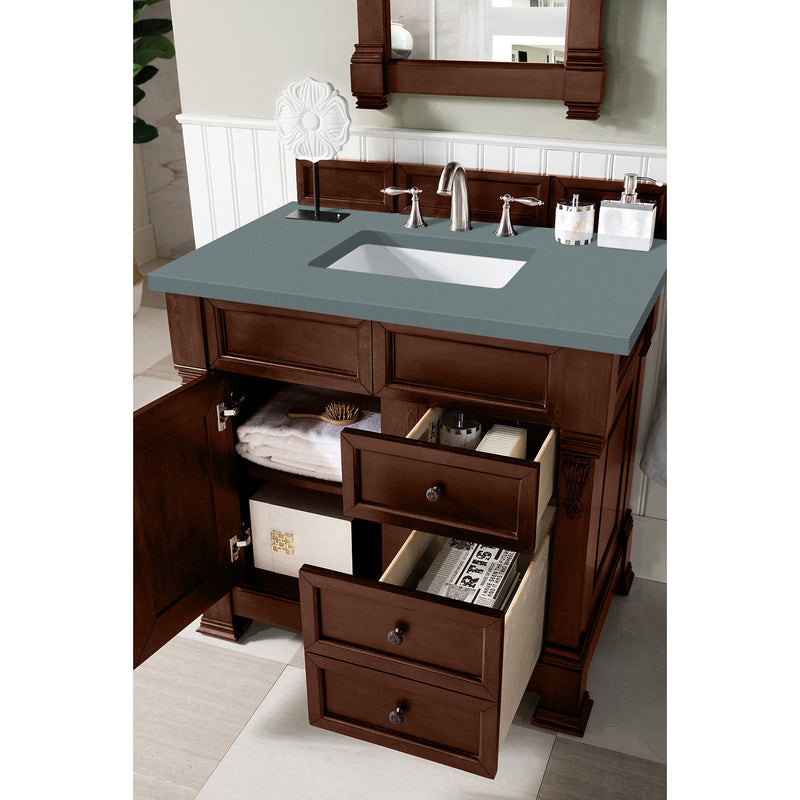 James Martin Brookfield 36" Warm Cherry Single Vanity with 3 cm Cala Blue Quartz Top 147-114-5586-3CBL