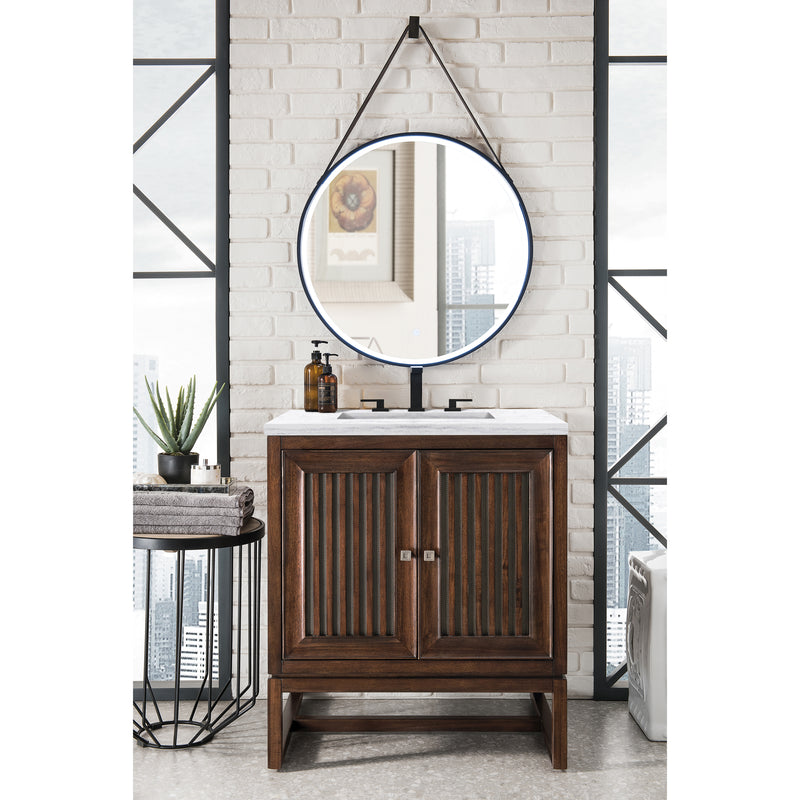 James Martin Athens 30" Single Vanity Cabinet Mid Century Acacia with 3 cm Arctic Fall Solid Surface Countertop E645-V30-MCA-3AF