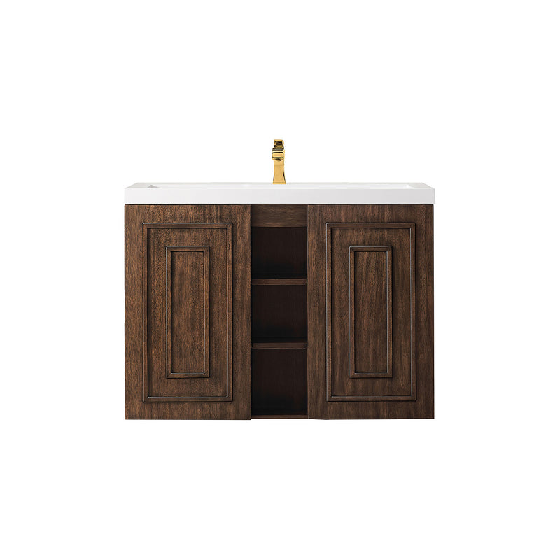 James Martin Alicante' 39.5" Single Vanity Cabinet Mid Century Acacia with White Glossy Composite Countertop E110V39.5MCAWG