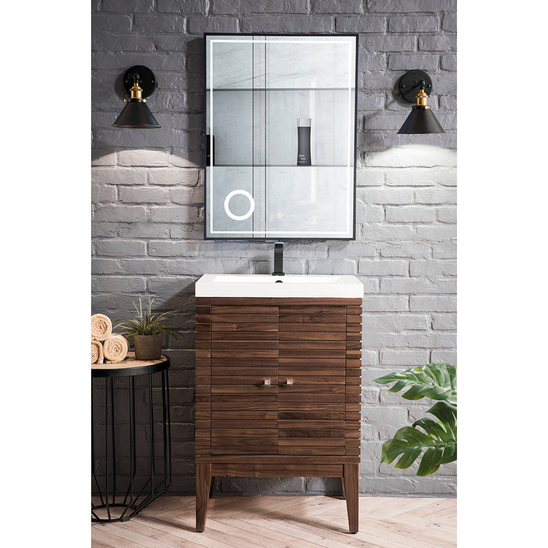 James Martin Linden 24" Single Vanity Cabinet Mid Century Walnut with White Glossy Composite Countertop E213V24WLTWG