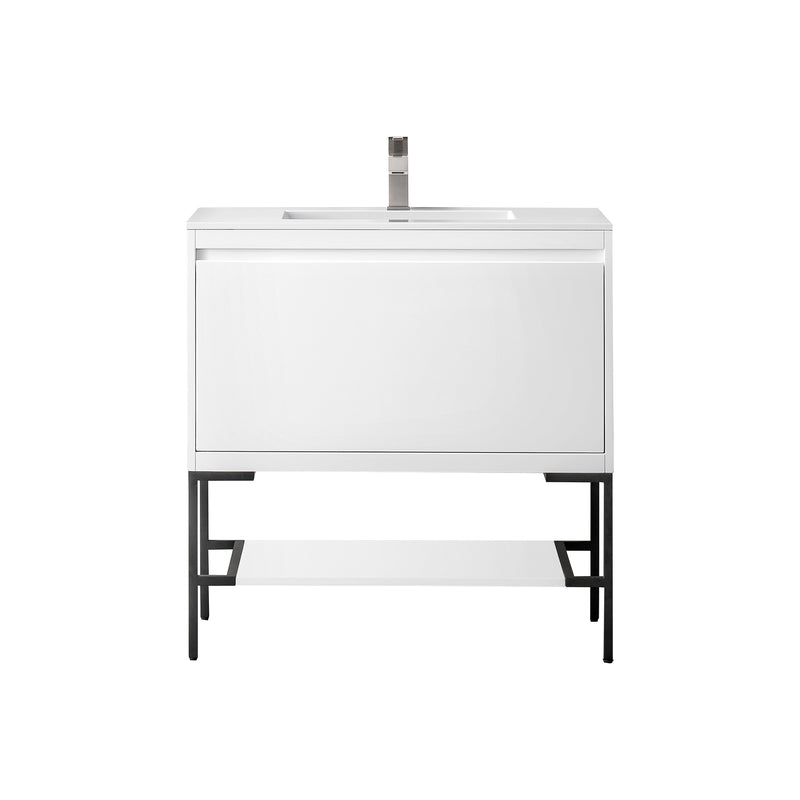 James Martin Milan 35.4" Single Vanity Cabinet Glossy White Matte Black with Glossy White Composite Top 801V35.4GWMBKGW