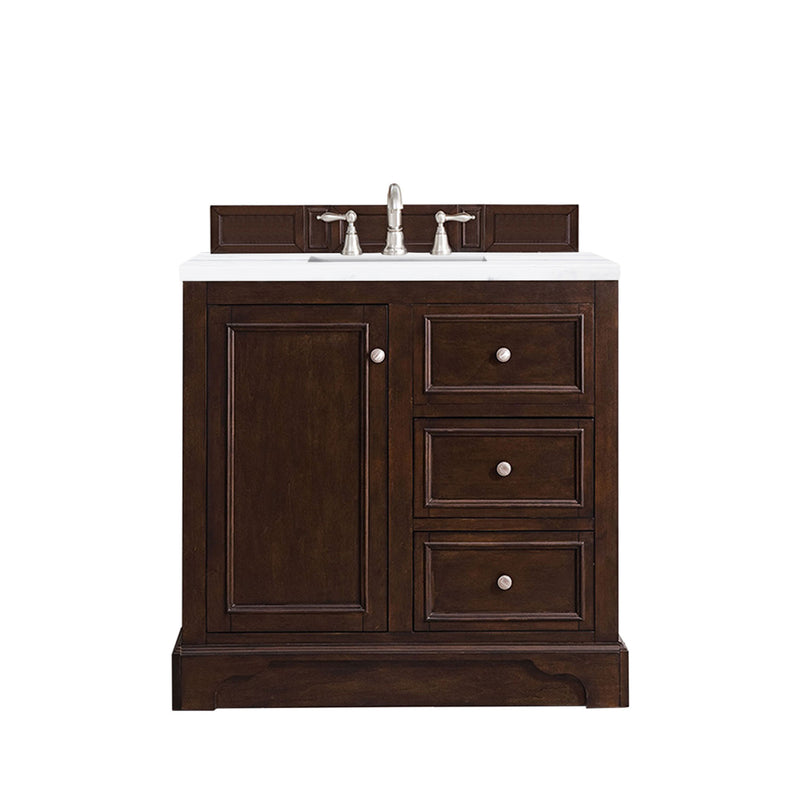 James Martin De Soto 36" Single Vanity Burnished Mahogany with 3 cm Arctic Fall Solid Surface Top 825-V36-BNM-3AF