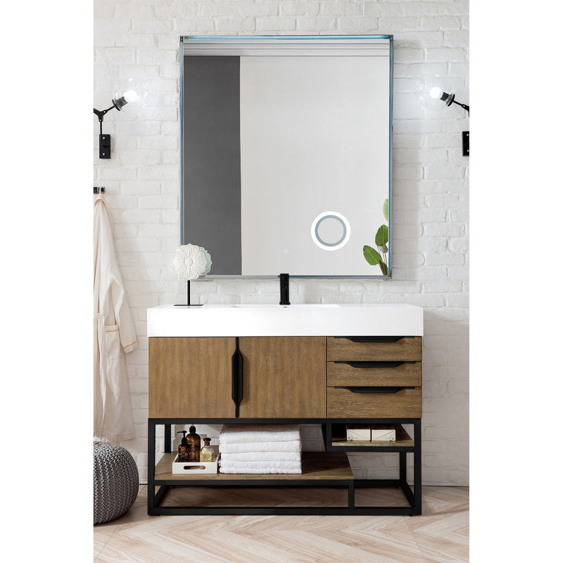 James Martin Columbia 48" Single Vanity Latte Oak Matte Black with Glossy White Composite Top 388-V48-LTO-MB-GW