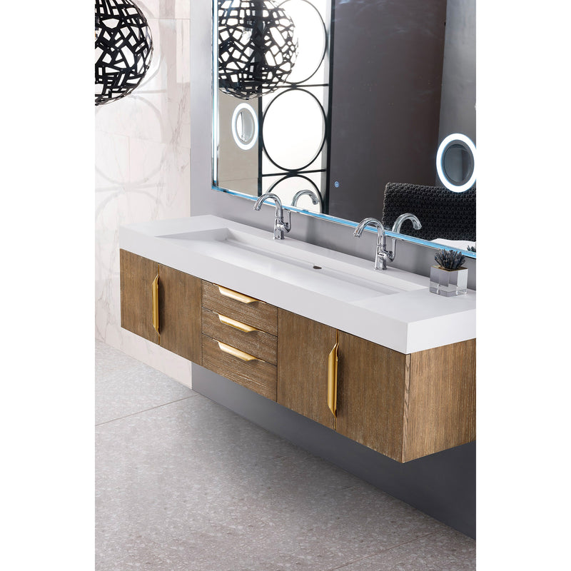 James Martin Mercer Island 72" Double Vanity Latte Oak Radiant Gold with Glossy White Composite Top 389-V72D-LTO-G-GW