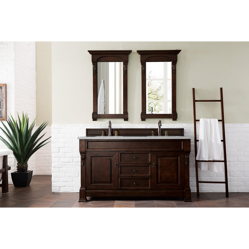 James Martin Brookfield 60" Burnished Mahogany Double Vanity with 3 cm Eternal Serena Quartz Top 147-114-5661-3ESR