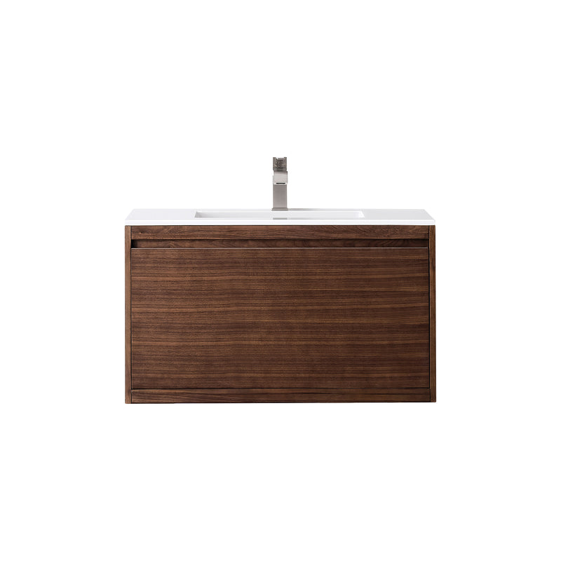 James Martin Milan 35.4" Single Vanity Cabinet Mid Century Walnut with Glossy White Composite Top 801V35.4WLTGW