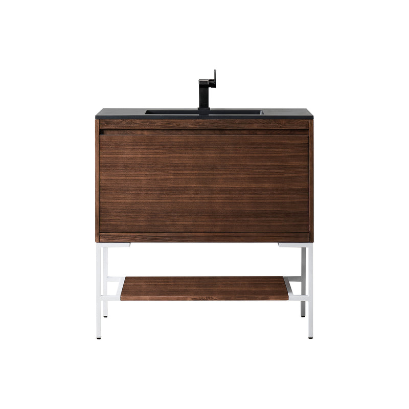 James Martin Milan 35.4" Single Vanity Cabinet Mid Century Walnut Glossy White with Charcoal Black Composite Top 801V35.4WLTGWCHB