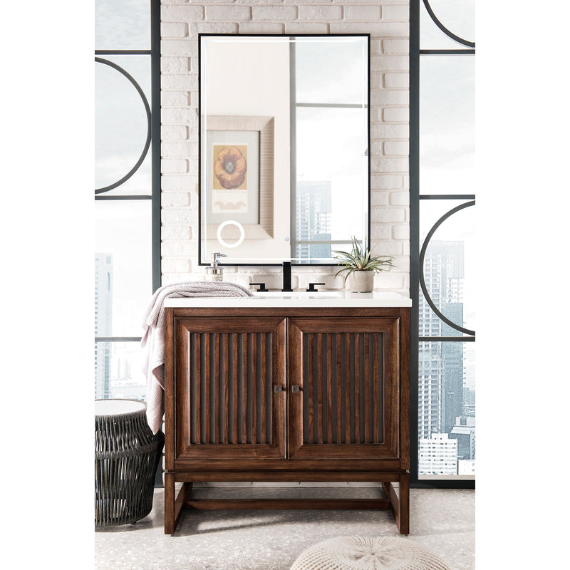 James Martin Athens 36" Single Vanity Cabinet Mid Century Acacia with 3 cm Classic White Quartz Top E645-V36-MCA-3CLW