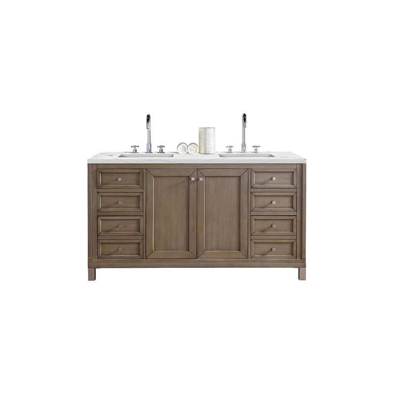 James Martin Chicago 60" Double Vanity Whitewashed Walnut with 3 cm Ethereal Noctis Quartz Top 305-V60D-WWW-3ENC