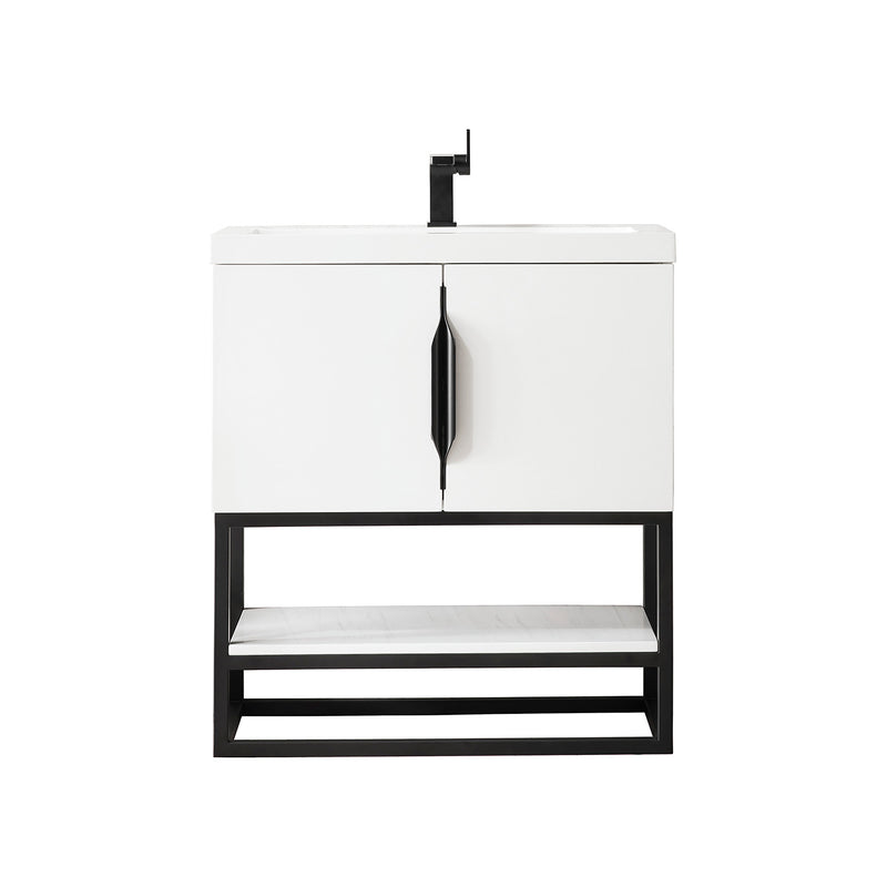 James Martin Columbia 31.5" Single Vanity Cabinet Glossy White Matte Black with White Glossy Composite Countertop 388V31.5GWMBKWG