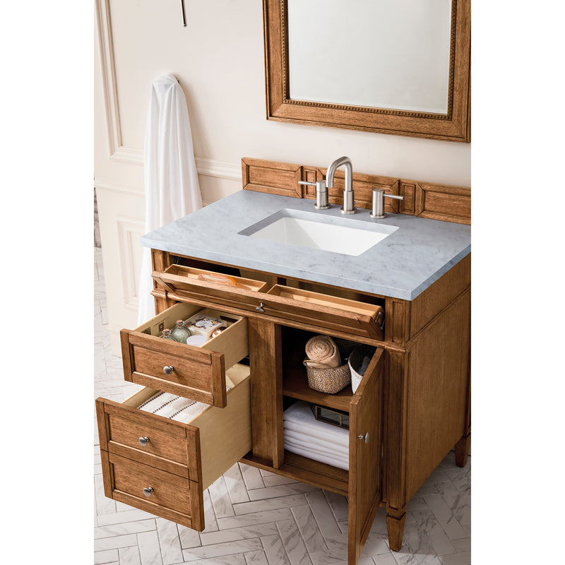 James Martin Brittany 36" Saddle Brown Single Vanity with 3 cm Eternal Jasmine Pearl Quartz Top 650-V36-SBR-3EJP