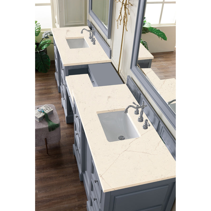 James Martin De Soto 118" Double Vanity Set Silver Gray with Makeup Table 3 cm Eternal Marfil Quartz Top 825-V118-SL-DU-EMR