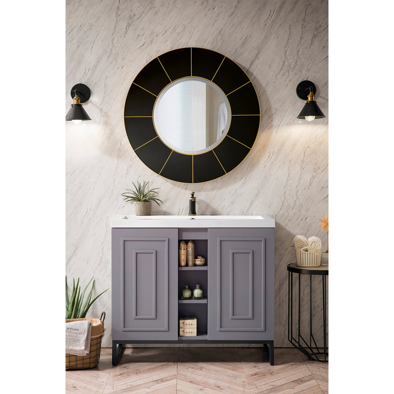 James Martin Alicante' 39.5" Single Vanity Cabinet Gray Smoke Matte Black with White Glossy Resin Countertop E110-V39.5-GSM-MBK-WG