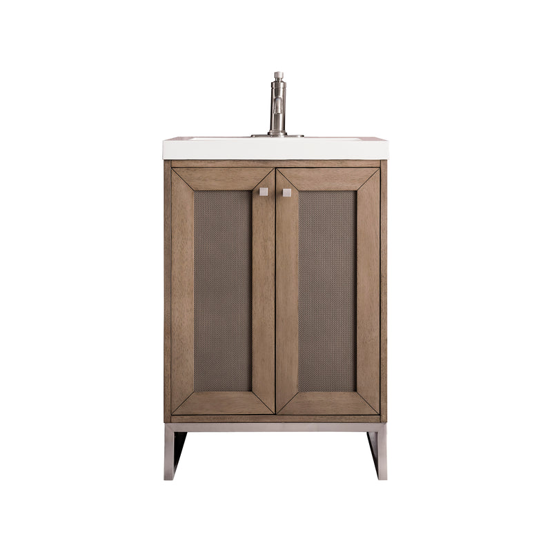 James Martin Chianti 24" Single Vanity Cabinet Whitewashed Walnut Brushed Nickel with White Glossy Resin Countertop E303-V24-WW-BNK-WG