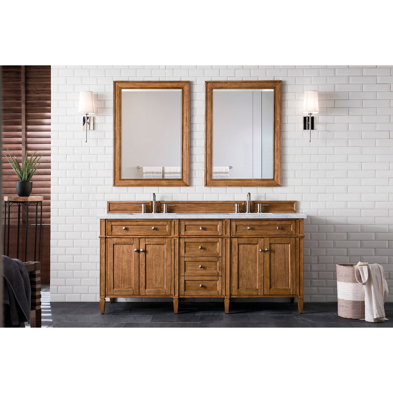 James Martin Brittany 72" Saddle Brown Double Vanity with 3 cm Eternal Jasmine Pearl Quartz Top 650-V72-SBR-3EJP