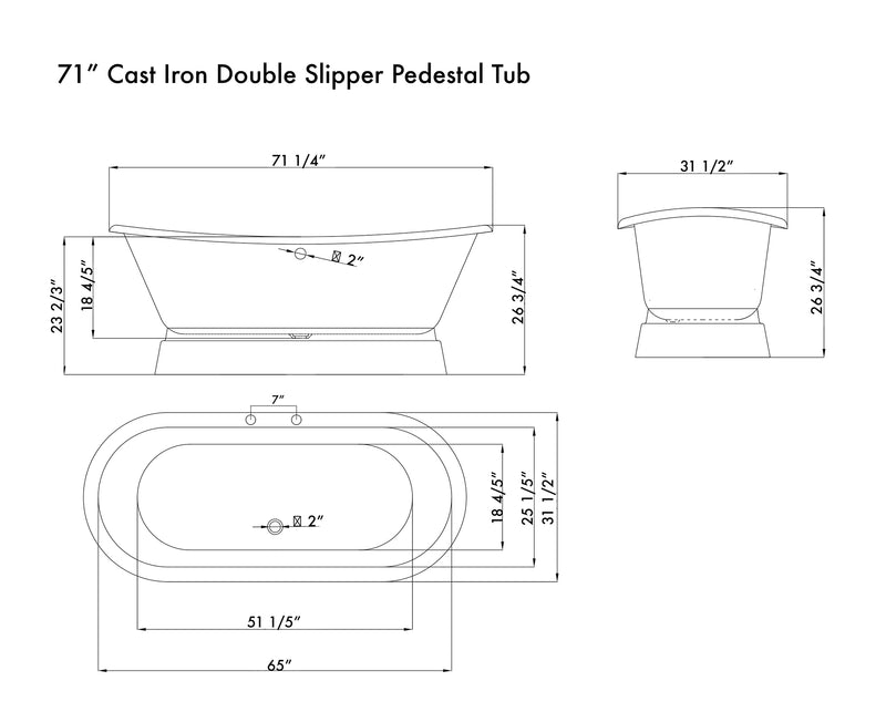 Cambridge Plumbing Cast Iron Double Ended Slipper Tub 71" x 30" Complete BN Package