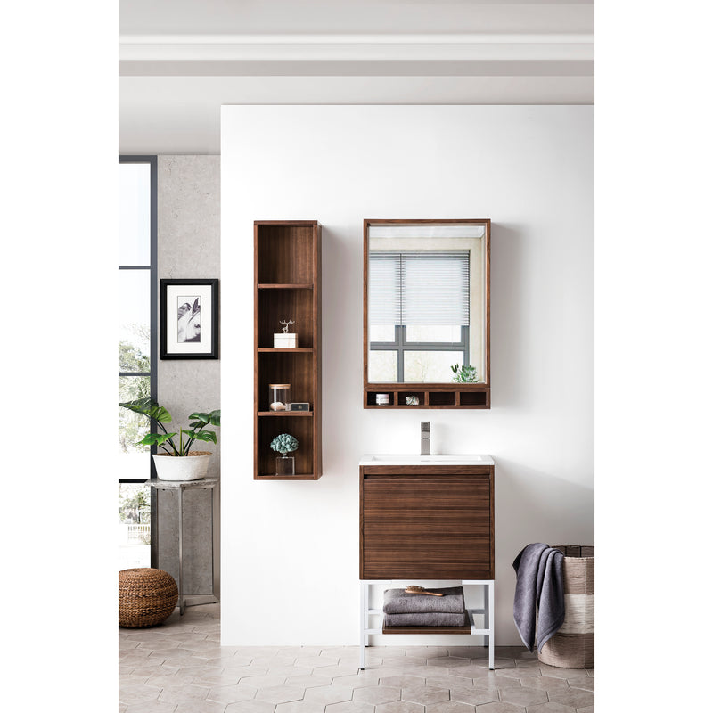 James Martin Milan 23.6" Single Vanity Cabinet Mid Century Walnut Glossy White with Glossy White Composite Top 801V23.6WLTGWGW